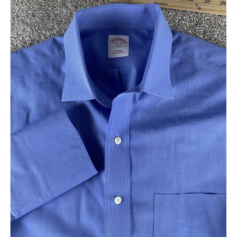 Brooks Brothers Solid Blue Dress Shirt 15.5-34 Non Iron Cotton Men M Flip Cuff